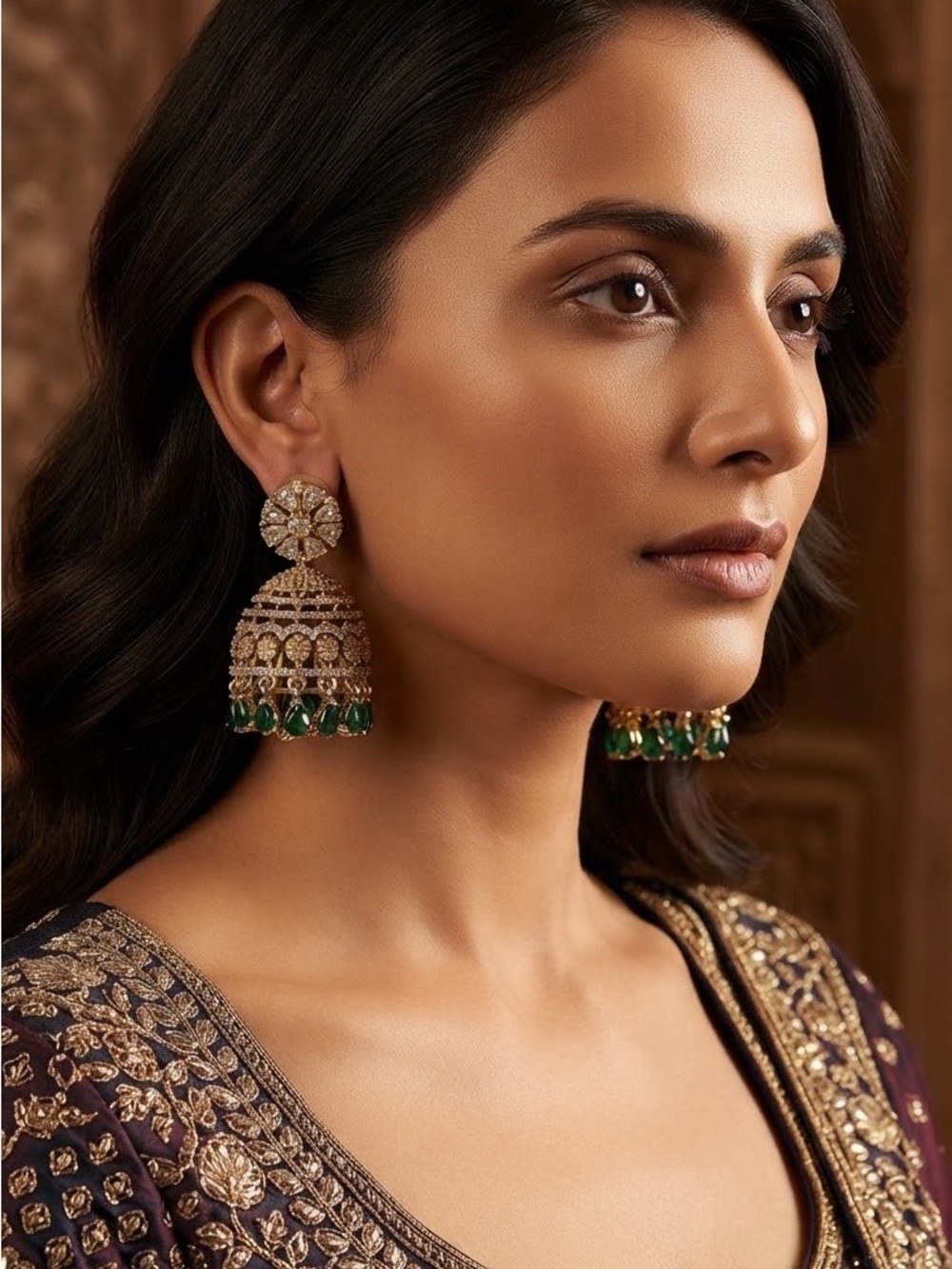 Gold and Emerald Jhumka Earrings - Designer Women Jewelry